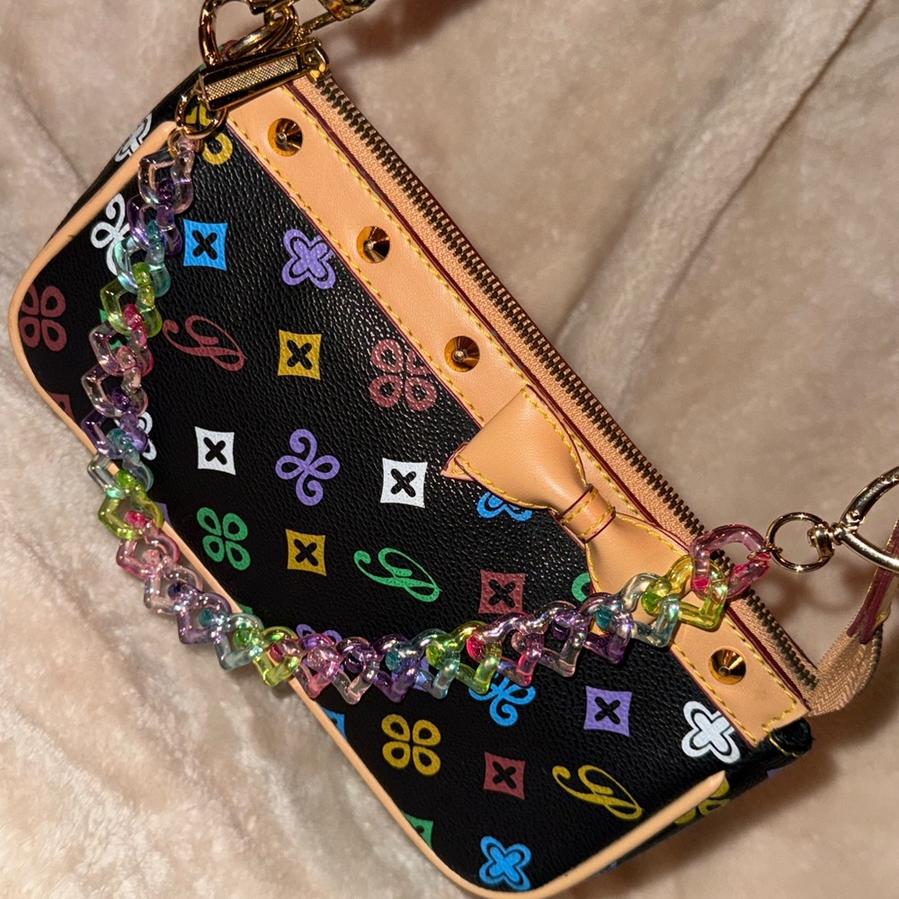 Black Multicolor Studded Monogram Shoulder Bag Tan Trim Bow Detail W Bag Chain! - Picture 4 of 12